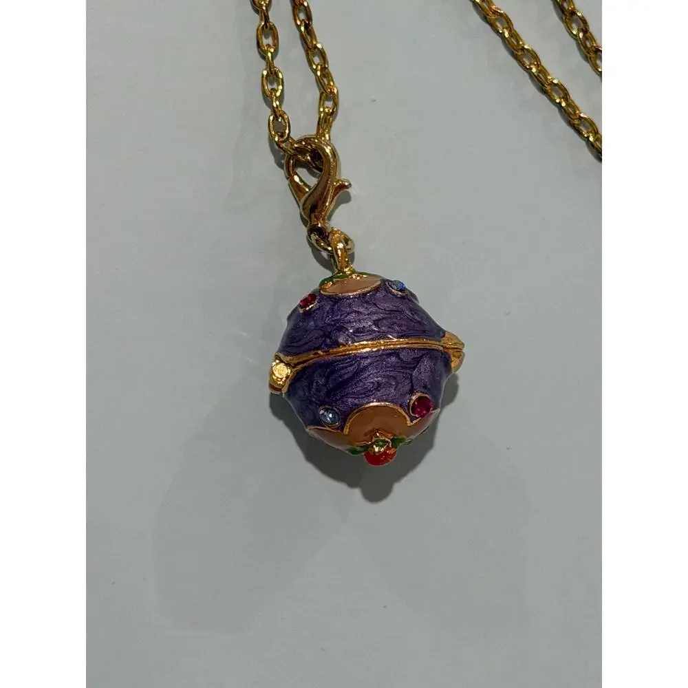 Vintage Joan Rivers Faberge Style Egg Locket Necklace • Purple Enamel • Gold Pl